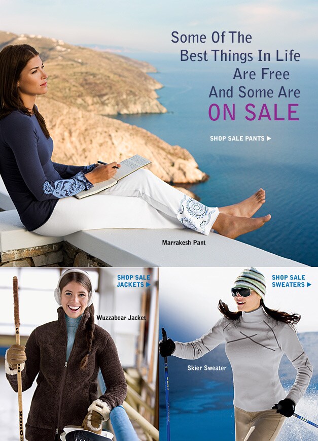 some of the best things in life are free and some are on sale. shop sale pants. shop sale jackets. shop sale sweaters.