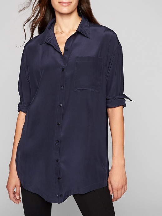 View large product image 1 of 1. Washable Silk Button Down Tunic