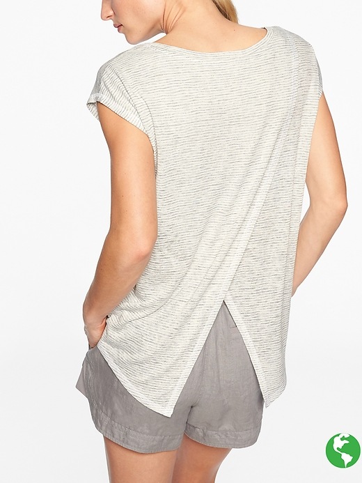 Athleta Stripe Breezy Crossback Tee Bright White/ Cobblestone Grey