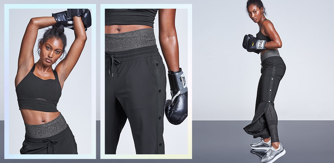 woman wearing A-C pyramid bra, incognita high waisted brief, wool cashmere lucca sweater and elation shimmer tight