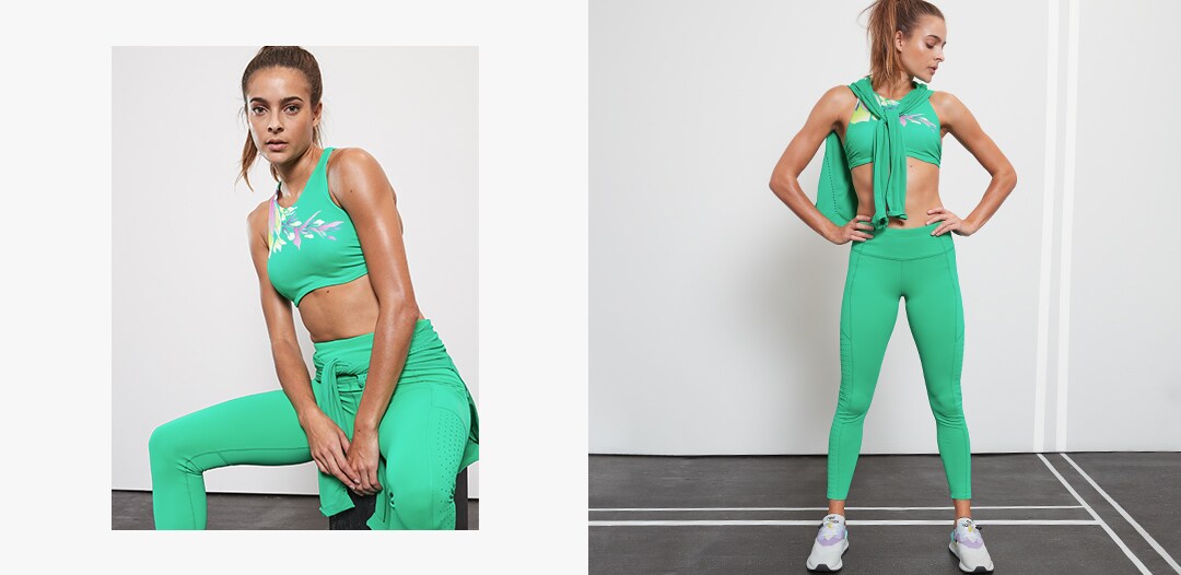woman wearing matching teal green contender tights and sports bra