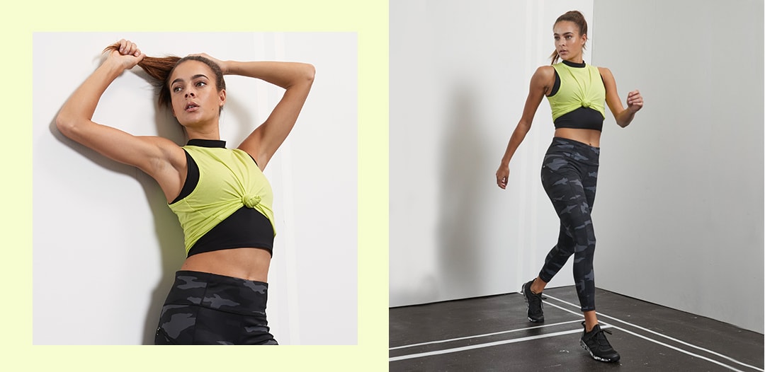 woman wearing camo contender tights, black bra and yellow tank top