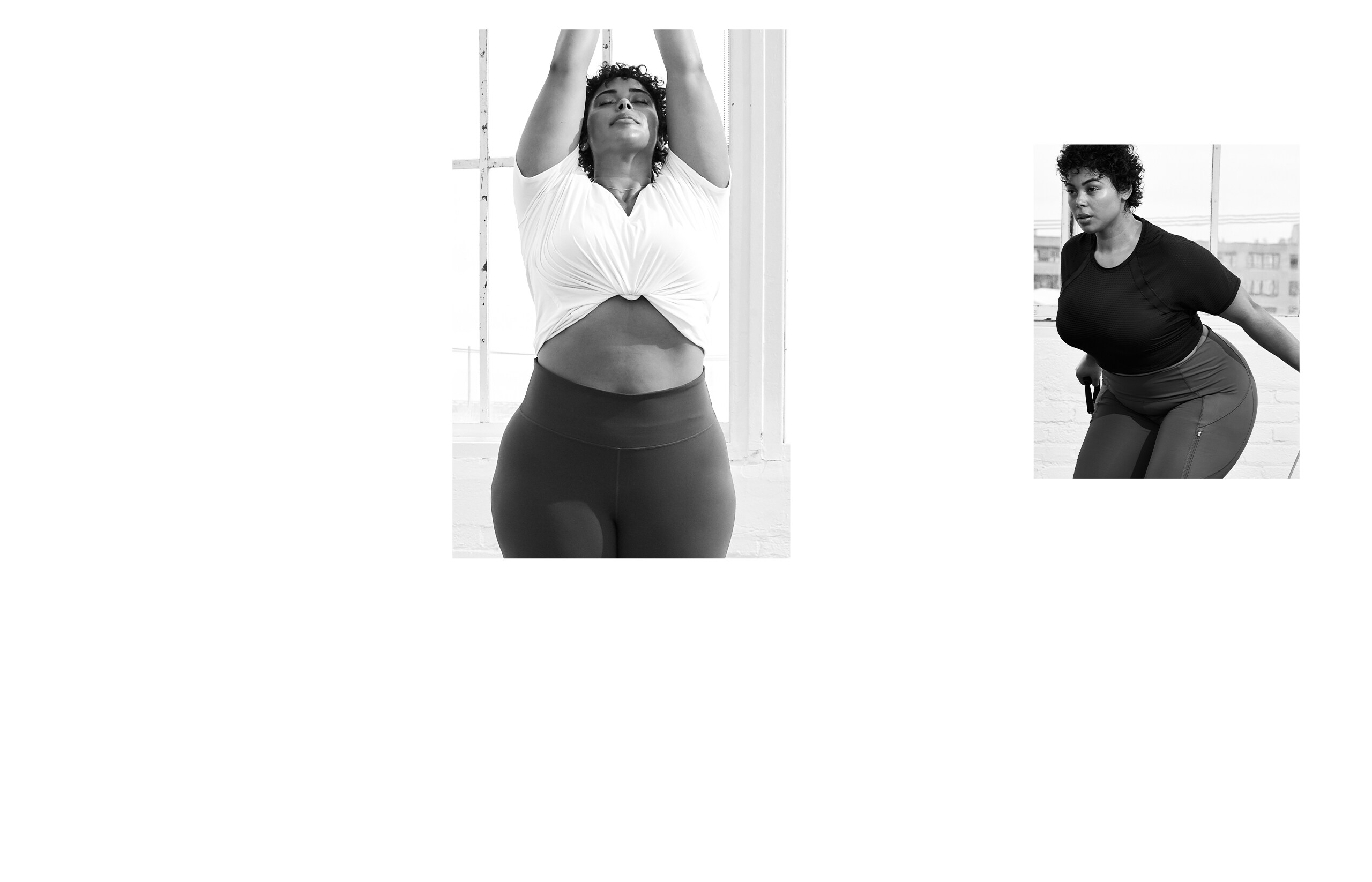 woman wearing tee and tights and working out in studio
