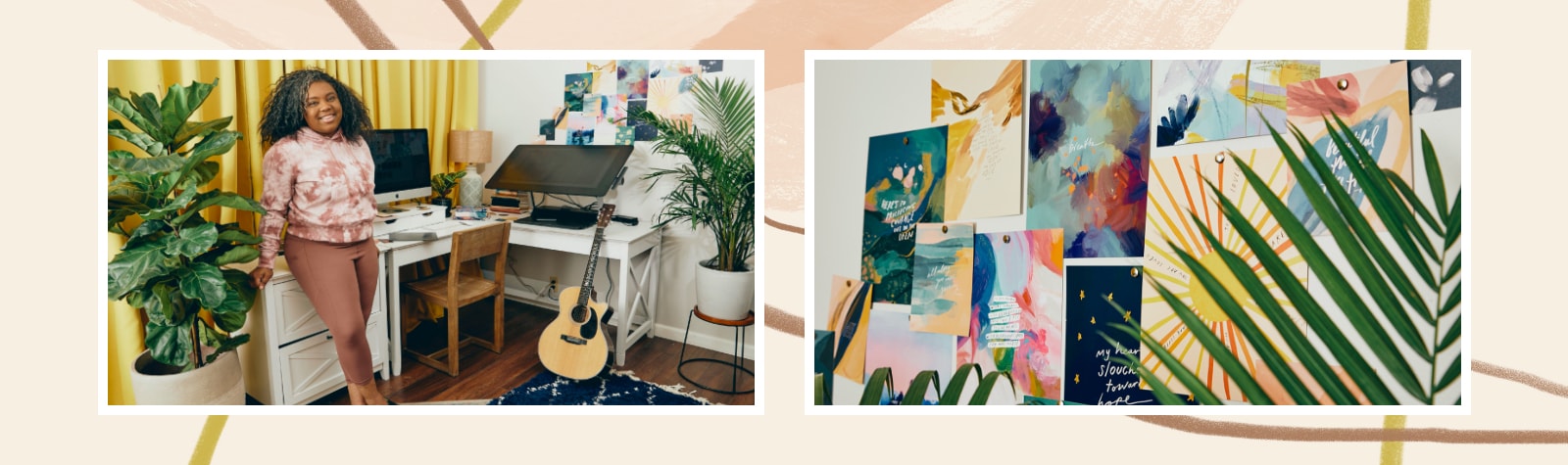 Campaign: Morgan smiling, standing in her art studio surrounded by her colorful illustrations