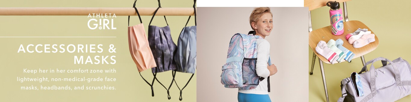 Campaign: Athleta girl accessories and masks. Keep her in her comfort zone with lightweight, non-medical-grade face masks, headbands, and scrunchies.