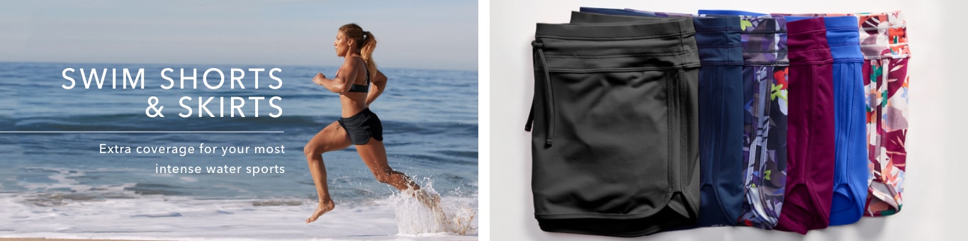 Swim shorts & skirts: extra coverage for your most intense water sports. Featuring the surge short