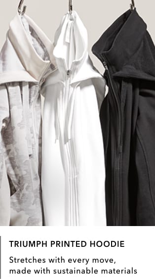 A variety of Triumph Printed Hoodies in camo-printed gray, white and black colors: Stretches with every move, made with sustainable materials.