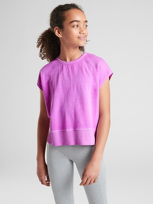 2 of 8 showing, with the color Purple Flourish Neon of product Athleta Girl Beachy Open Back Sweatshirt
