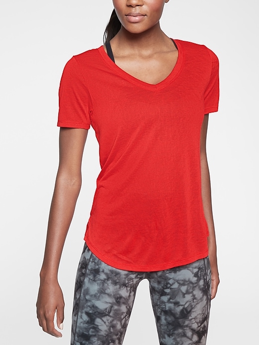 1 of 8 showing, with the color Radiant Red of product Breezy Scoop V Tee