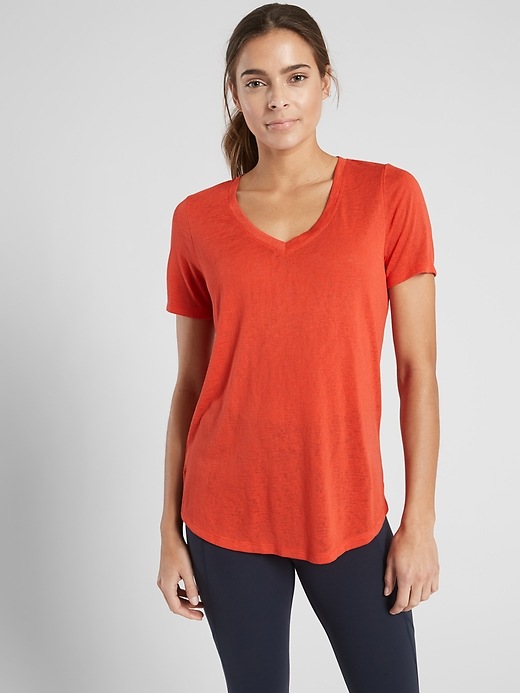 1 of 8 showing, with the color Torch Red of product Breezy Scoop V Tee