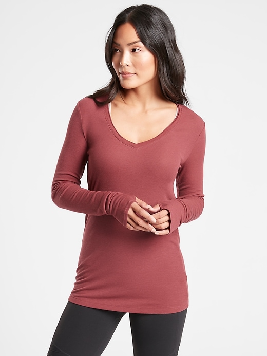 1 of 8 showing, with the color Maple Red of product Cloudlight Rib V Neck Top
