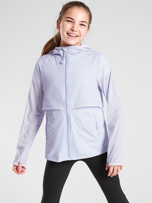 1 of 8 showing, with the color Stream Blue of product Athleta Girl Pace Breaker Jacket