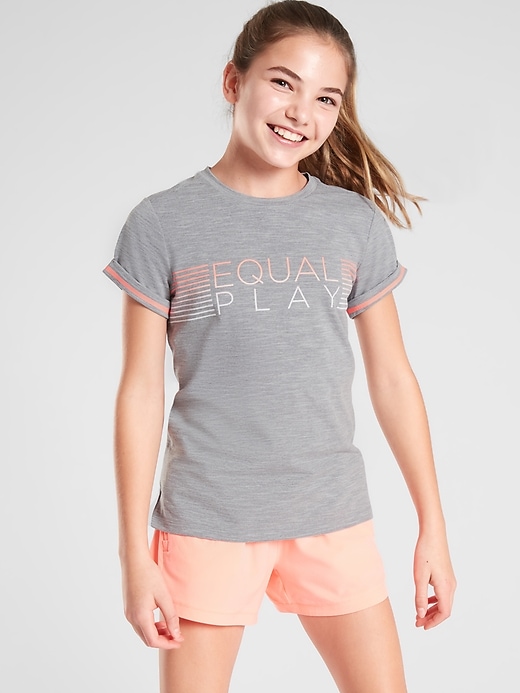 1 of 8 showing, with the color Cobblestone Grey Heather of product Athleta Girl Equal Play Tee