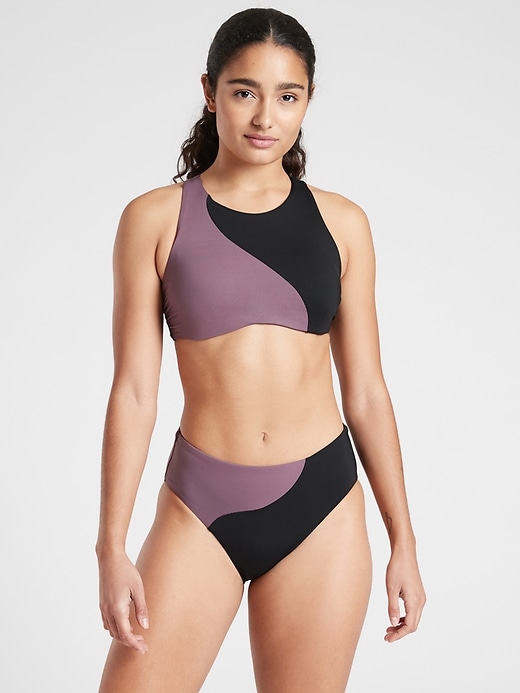 1 of 8 showing, with the color Volcanic Violet of product Asym Colorblock High Neck Bikini