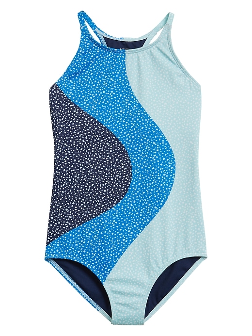 1 of 8 showing, with the color Dot Brush Blue of product Athleta Girl Dot Brush One Piece