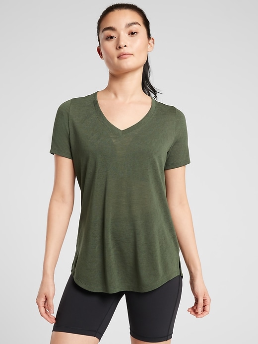 1 of 8 showing, with the color Tuscan Olive of product Breezy Scoop V Tee
