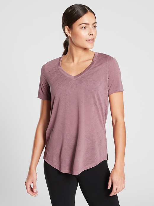 1 of 8 showing, with the color Cascadia Violet of product Breezy Scoop V Tee