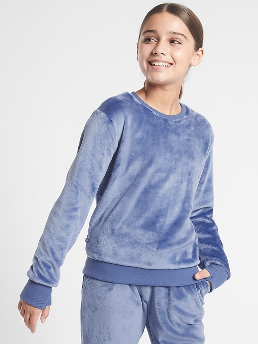 1 of 8 showing, with the color Chrome Blue of product Athleta Girl Feelin' Good Crewneck Sweatshirt