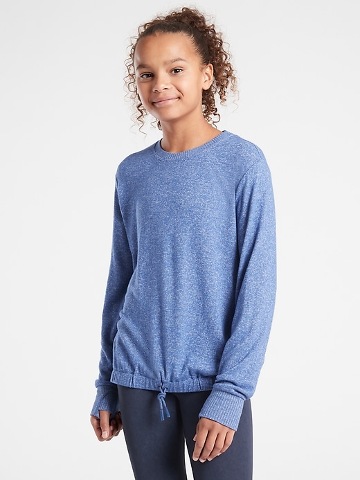 1 of 8 showing, with the color Chrome Blue of product Athleta Girl Luck of the Drawcord Top