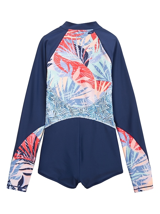 2 of 8 showing, with the color Palm Oasis of product Athleta Girl Palm Oasis Long Sleeve One Piece Shortie