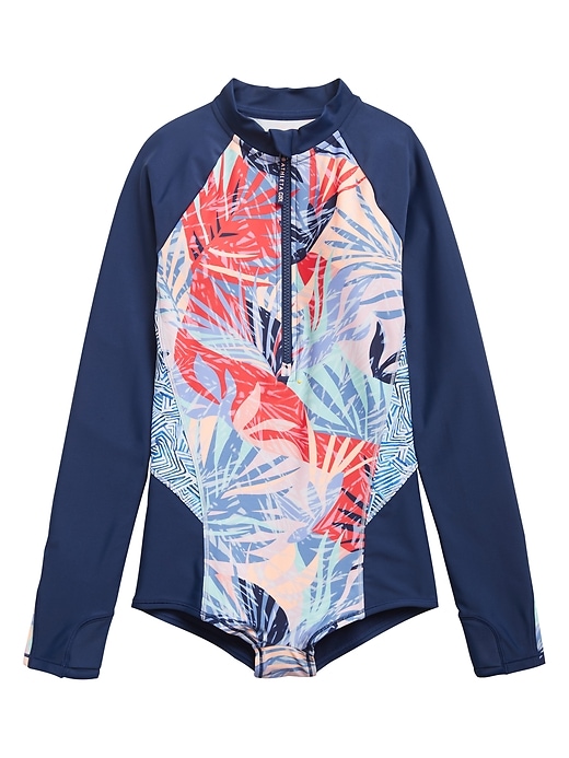 1 of 8 showing, with the color Palm Oasis of product Athleta Girl Palm Oasis Long Sleeve One Piece Shortie