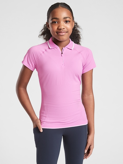 1 of 8 showing, with the color Opaque Lilac of product Athleta Girl Power Up Seamless Short Sleeve Polo