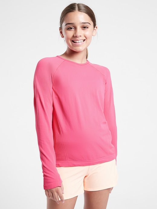 1 of 8 showing, with the color Dragonfruit Pink of product Athleta Girl Power Up Seamless Regular Length Top