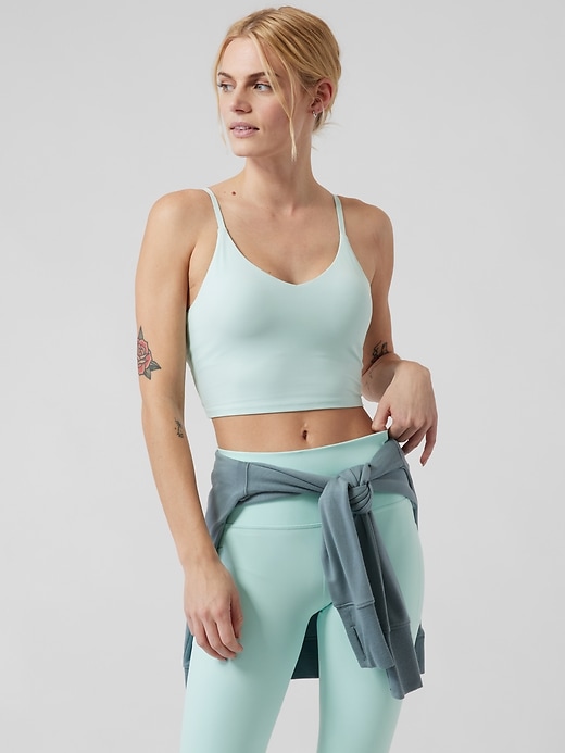 1 of 8 showing, with the color Paradiso Blue of product Elation V-Neck Longline Sports Bra A-C