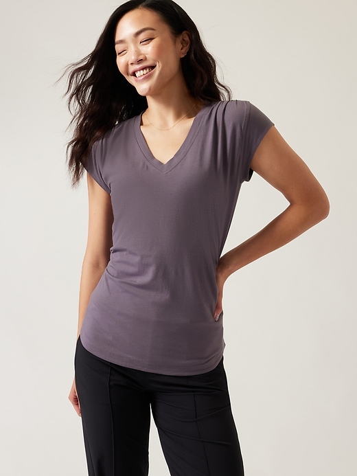 1 of 8 showing, with the color Dusk Violet of product Outbound V Neck Tee