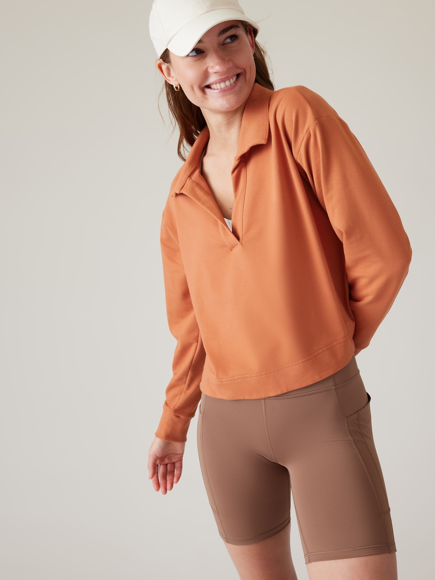 Athleta Retroterry Polo Sweatshirt orange. 1