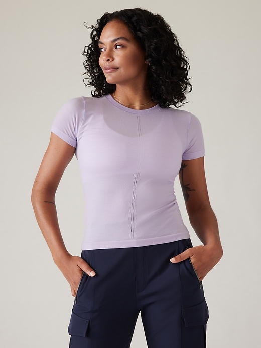 1 of 8 showing, with the color Oxalis Violet of product Ascent Seamless Tee