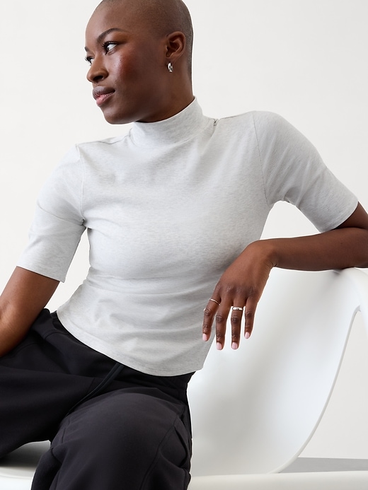 Image number 1 showing, Signature Rib Mock Neck Elbow Sleeve Tee