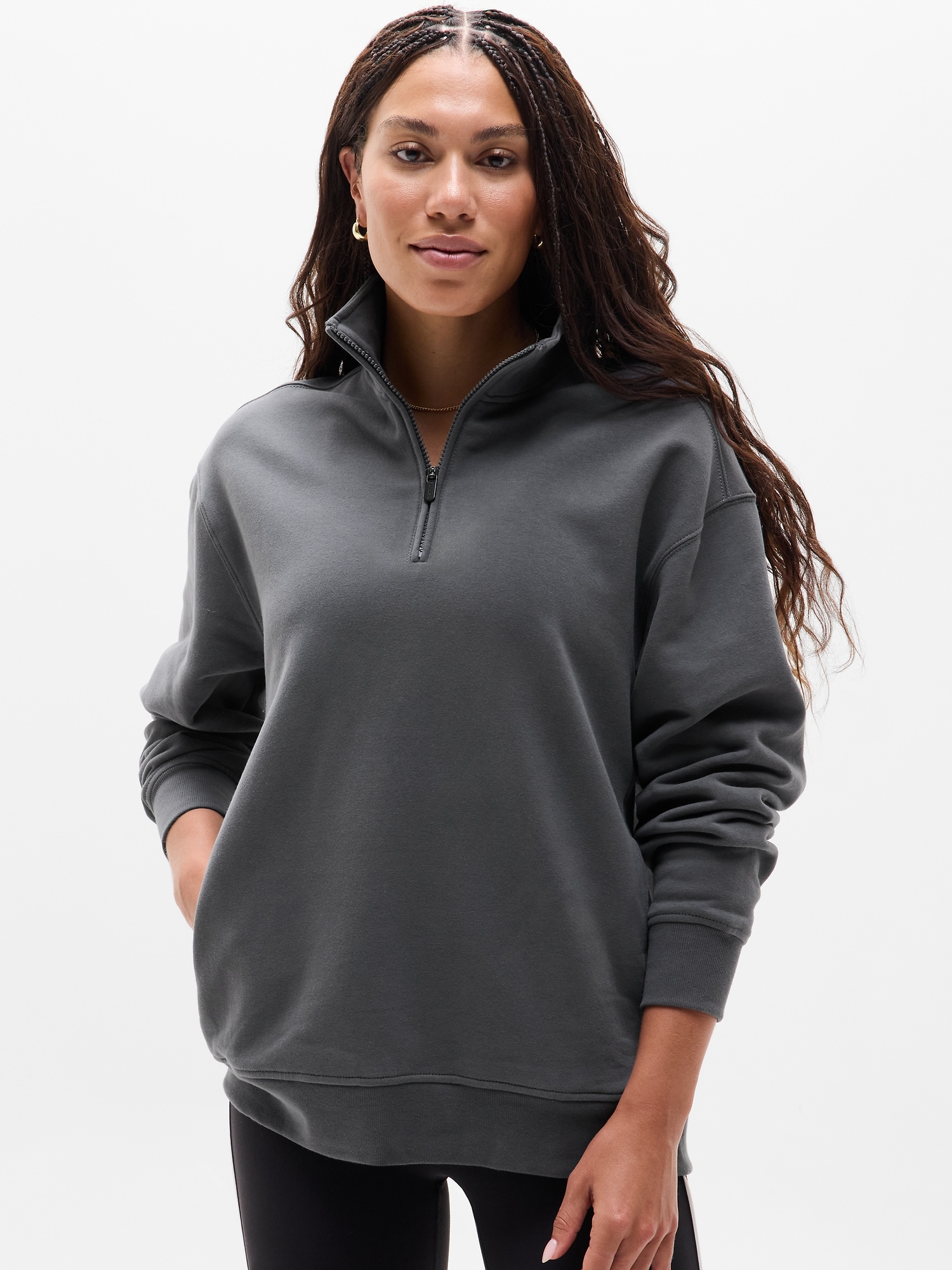 Athleta Forever Fleece 1/4 Zip Sweatshirt In Gray