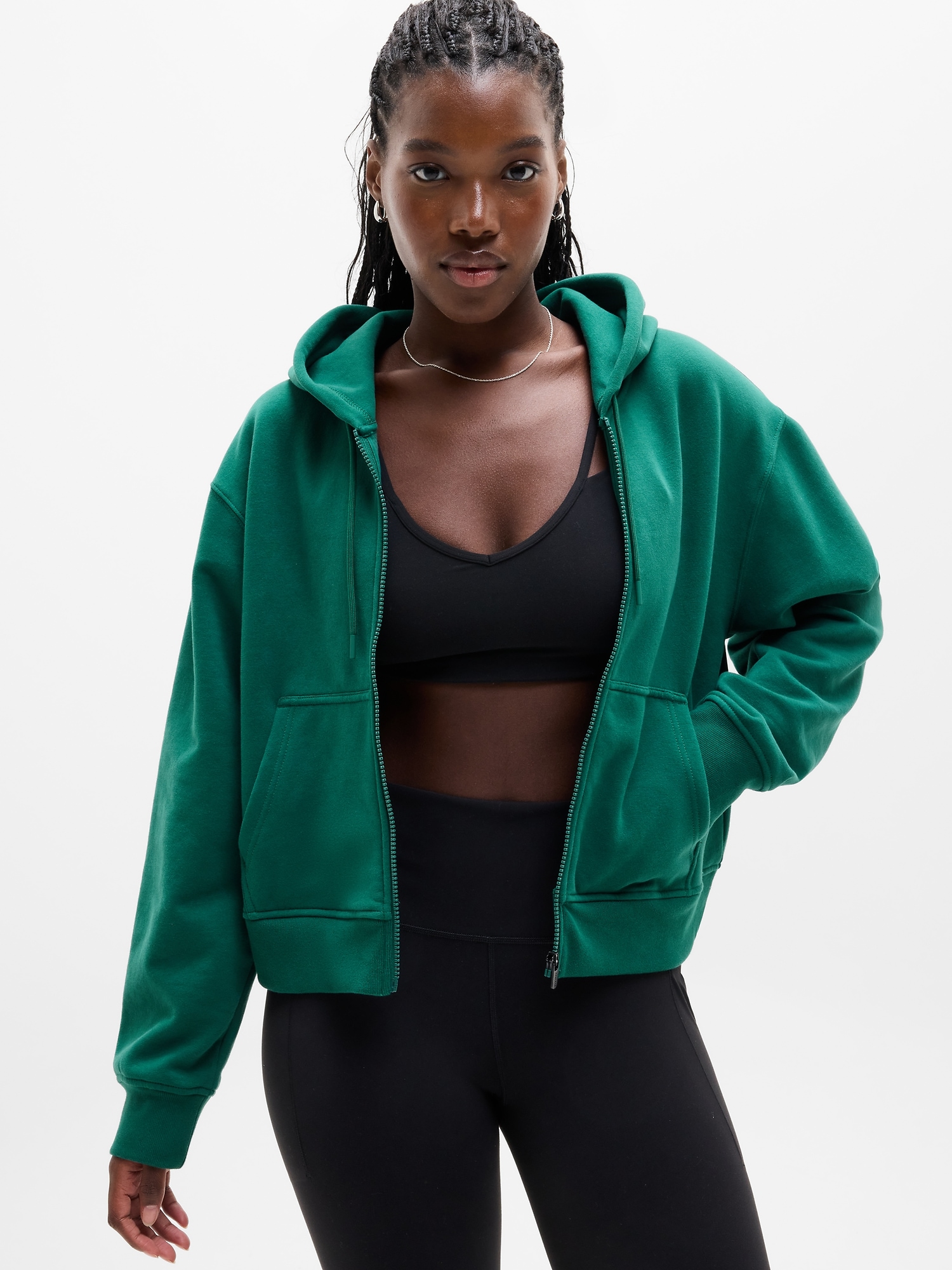 Athleta Forever Fleece Full Zip Sweatshirt In Green