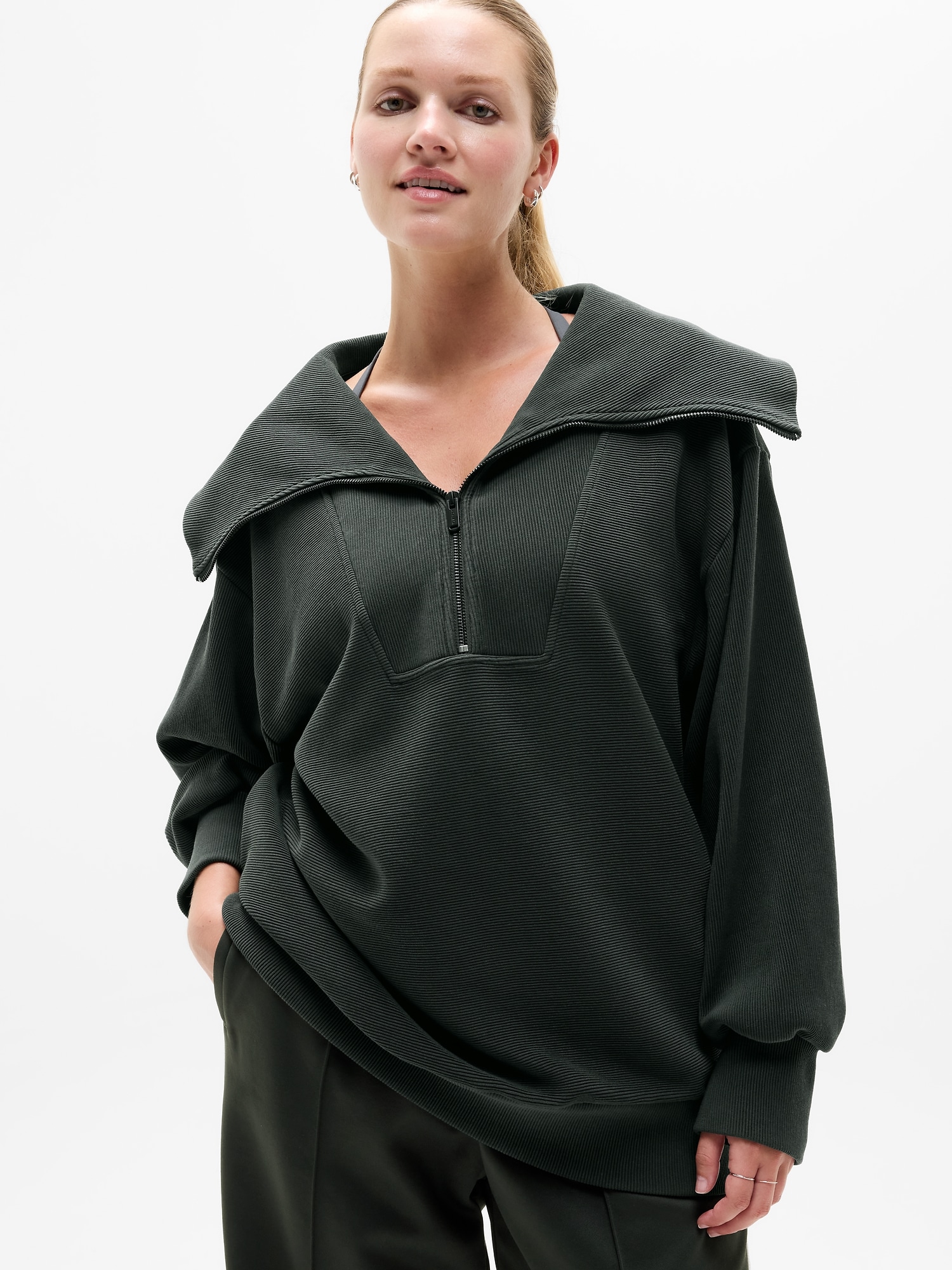 Athleta Ottoman Rib 1/4 Zip Sweatshirt In Black