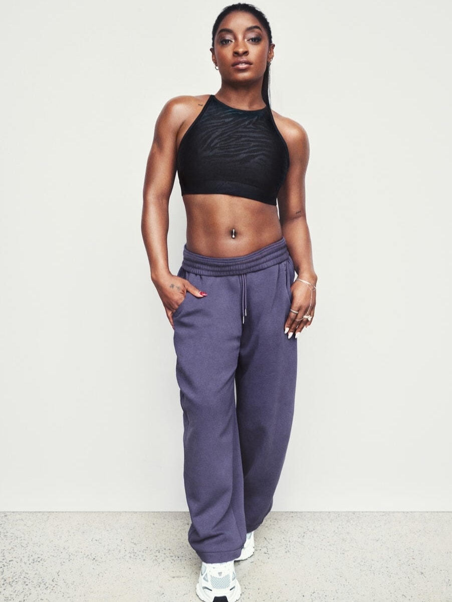 Athleta Simone Biles Forever Fleece Mid Rise Barrel Pant In Purple