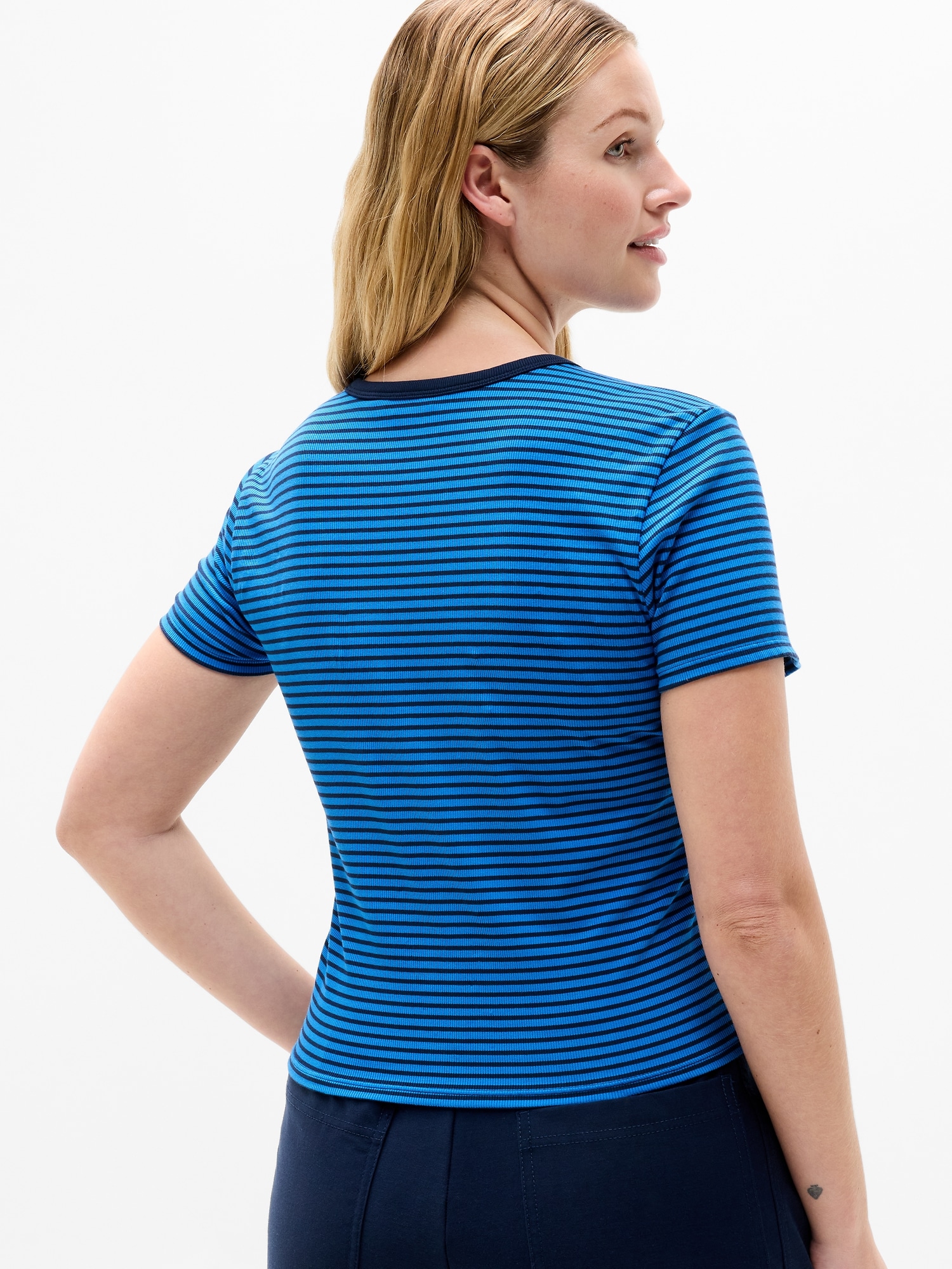 Athleta Signature Rib Crop Tee - Blue (Martina Breaker Stripe)