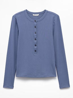 Athleta Signature Rib Long Sleeve Henley Top - Blue (Celestial)
