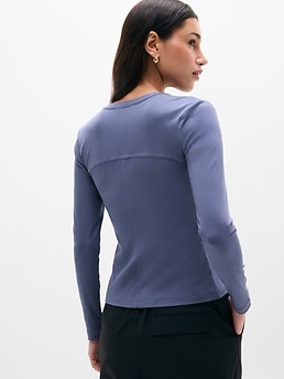 Signature Rib Long Sleeve Henley Top - Blue - image 3
