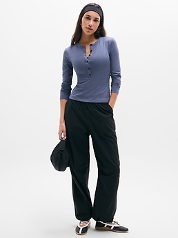 Signature Rib Long Sleeve Henley Top - Blue - image 2