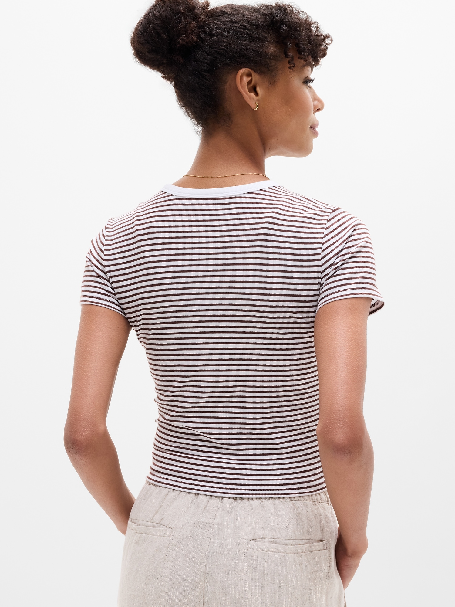Athleta Signature Rib Crop Tee - Brown (Martina Stripe Woodland)