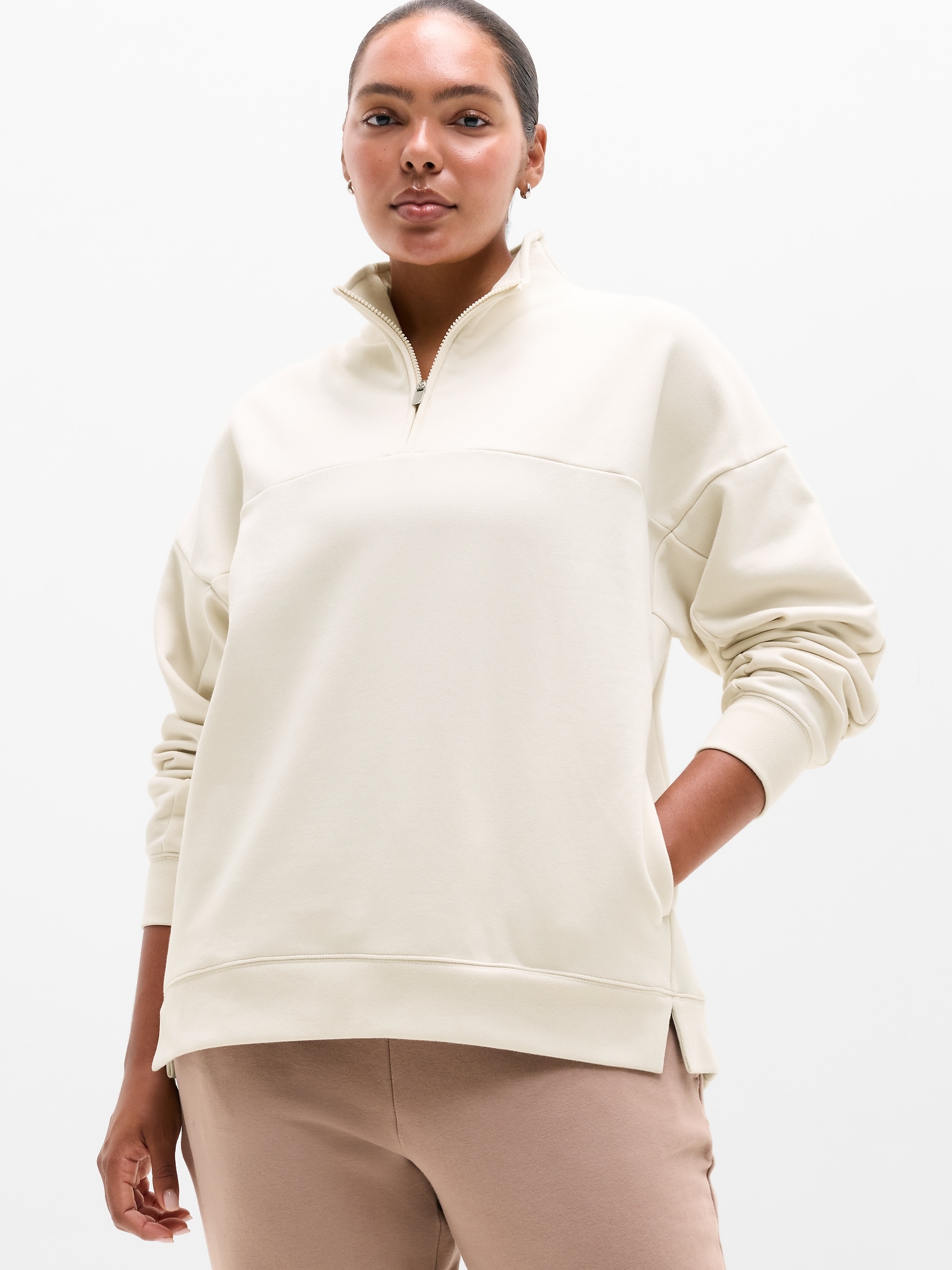 Athleta Forever Fleece 1/4 Zip Sweatshirt In Bone