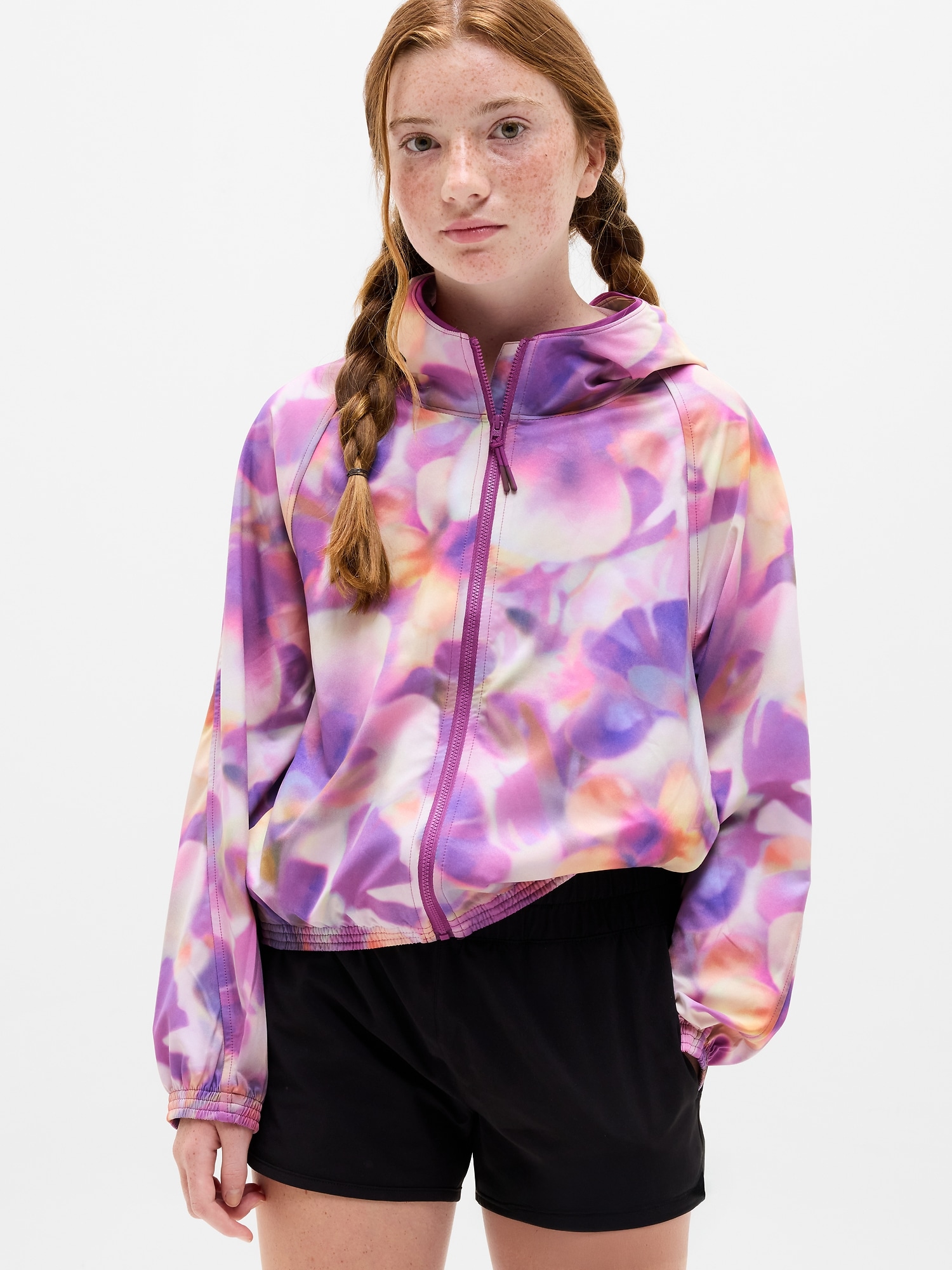 Athleta Kids'  Girl Run Free Printed Jacket In Lea Floral-azalea