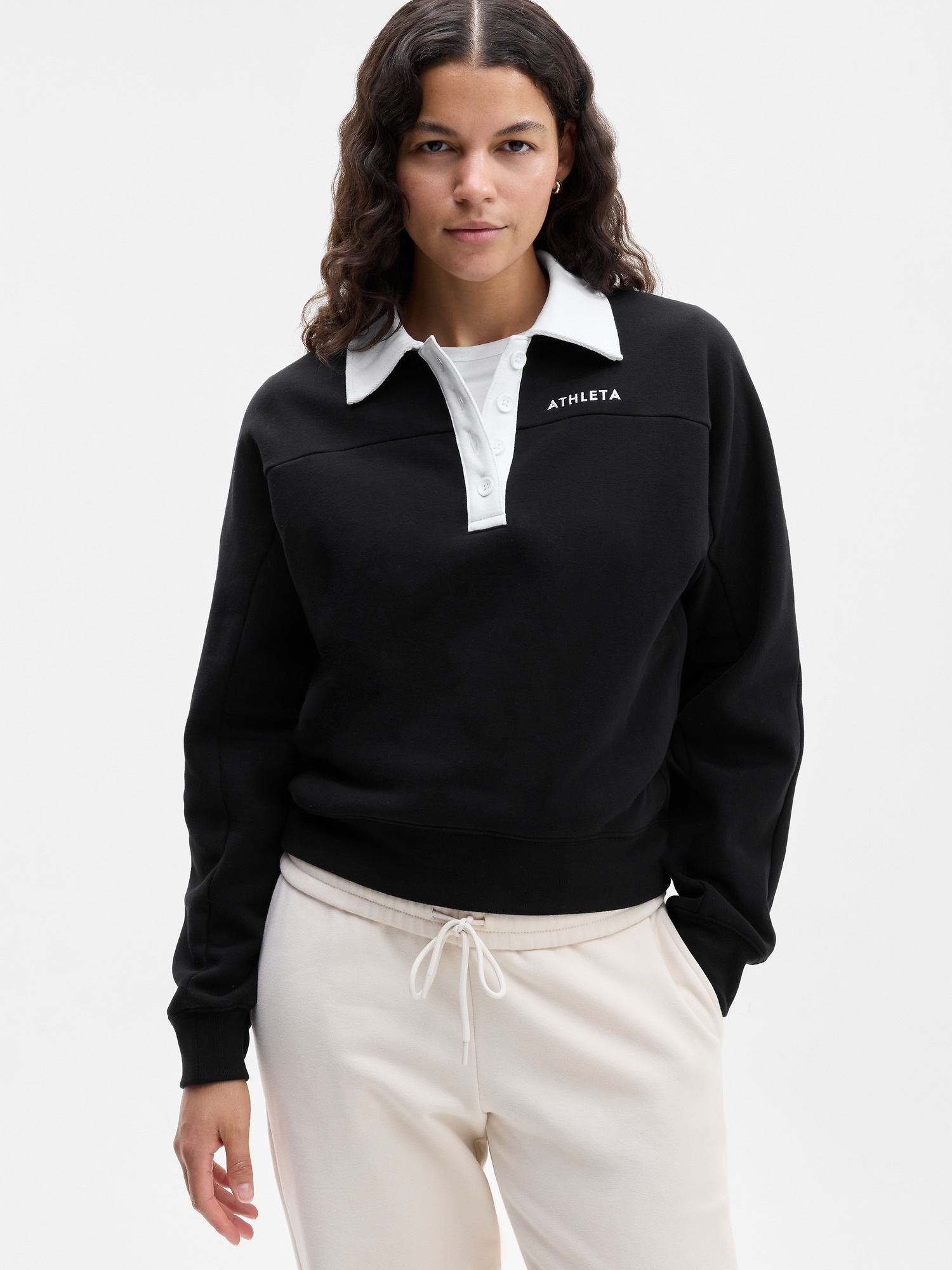 Женская толстовка Athleta Forever Fleece Rugby, цвет: Чёрный / Яркий белый